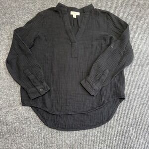 Style & Co Black Gause Tunic Top Deep V Neck Long Sleeve Cotton Petite PP